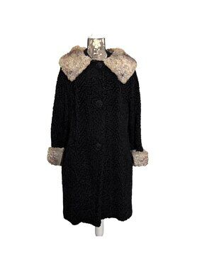 VTG Black Persian Curly Lamb Coat, Curly Fur Collar + Cuffs Mid-Length By Pogues